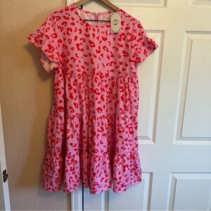 Pink Leopard Print Tiered Short Sleeve Babydoll Dress